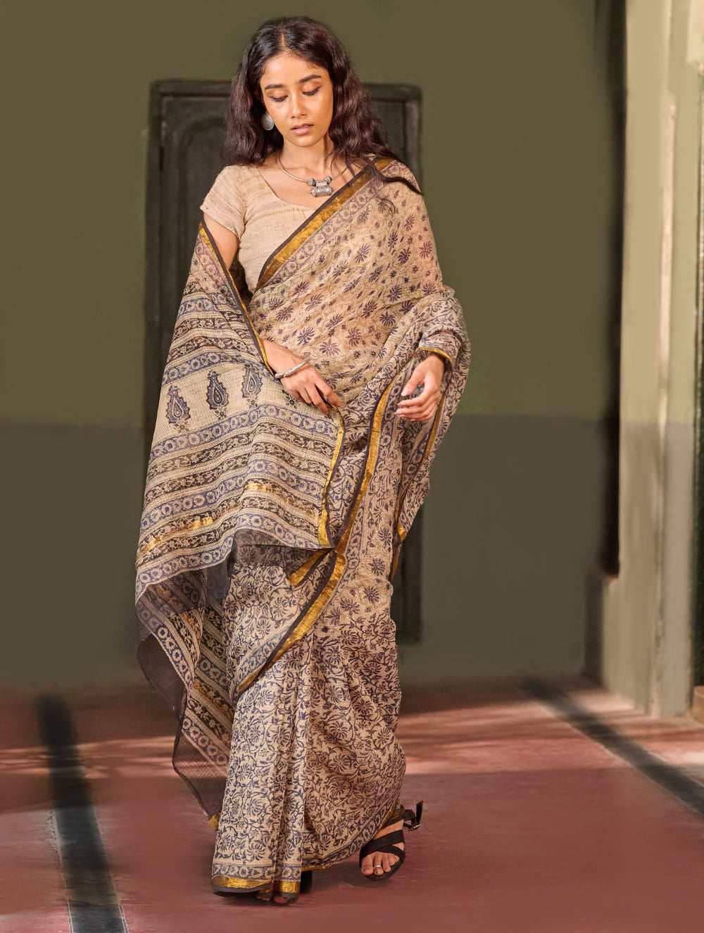 Bagru Statements: Hand Block Printed Kota Doria Saree - Moonstone