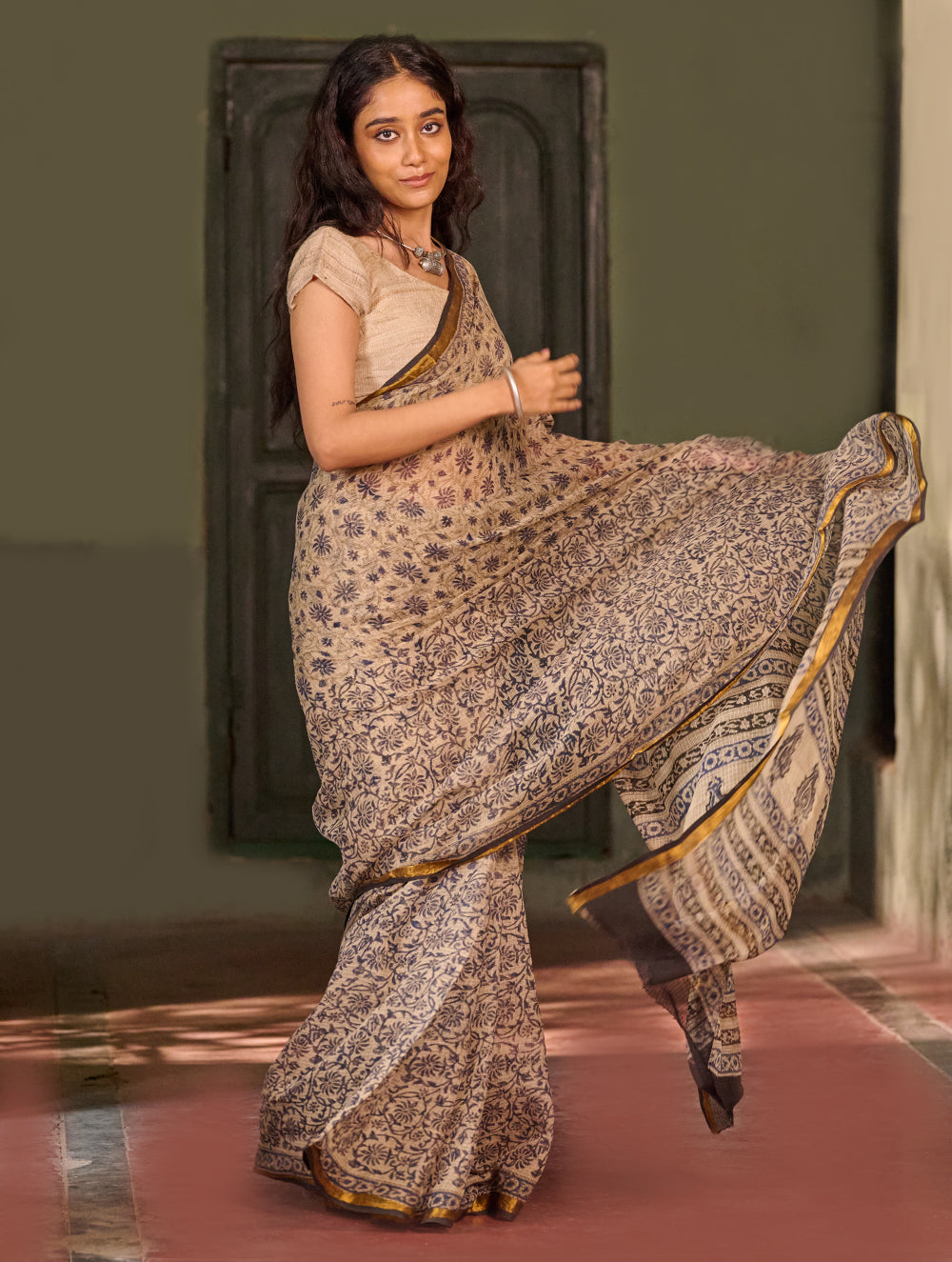 Bagru Statements: Hand Block Printed Kota Doria Saree - Moonstone