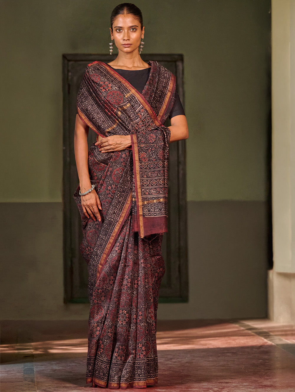 Ajrakh Elegance.Exclusive Hand Block Printed Chanderi  Saree - Raat Rani