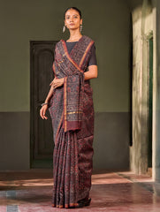 Ajrakh Elegance.Exclusive Hand Block Printed Chanderi  Saree - Raat Rani