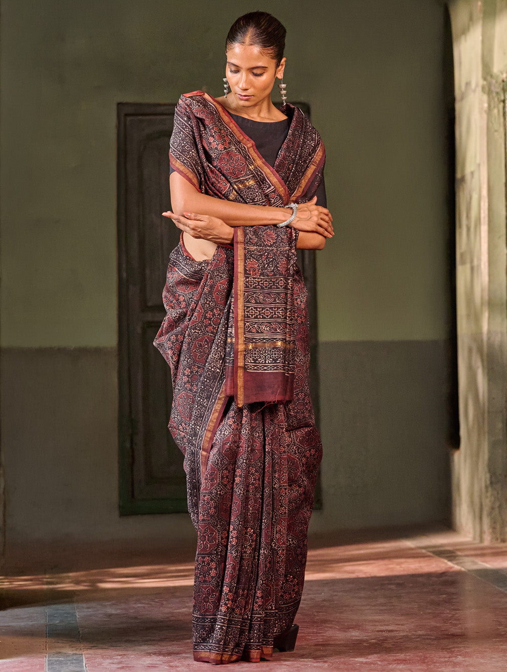 Ajrakh Elegance.Exclusive Hand Block Printed Chanderi  Saree - Raat Rani
