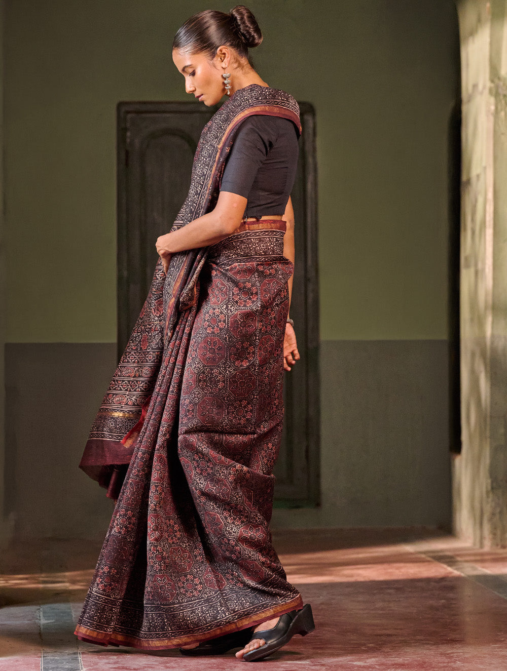 Ajrakh Elegance.Exclusive Hand Block Printed Chanderi  Saree - Raat Rani