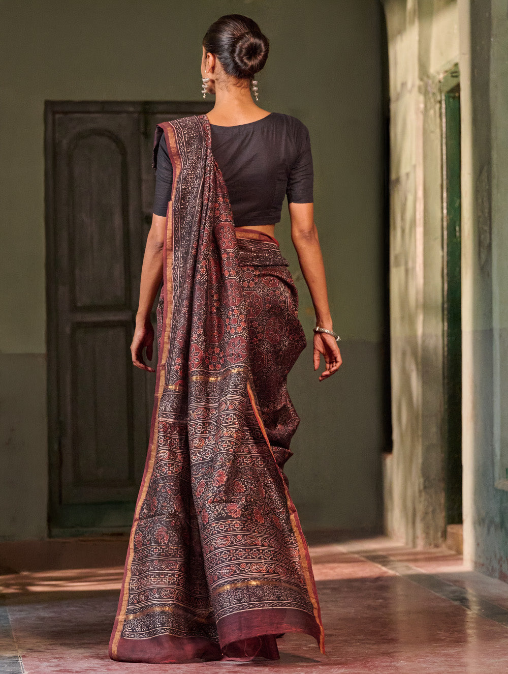 Ajrakh Elegance.Exclusive Hand Block Printed Chanderi  Saree - Raat Rani