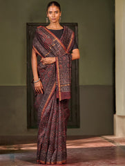 Ajrakh Elegance.Exclusive Hand Block Printed Chanderi  Saree - Raat Rani