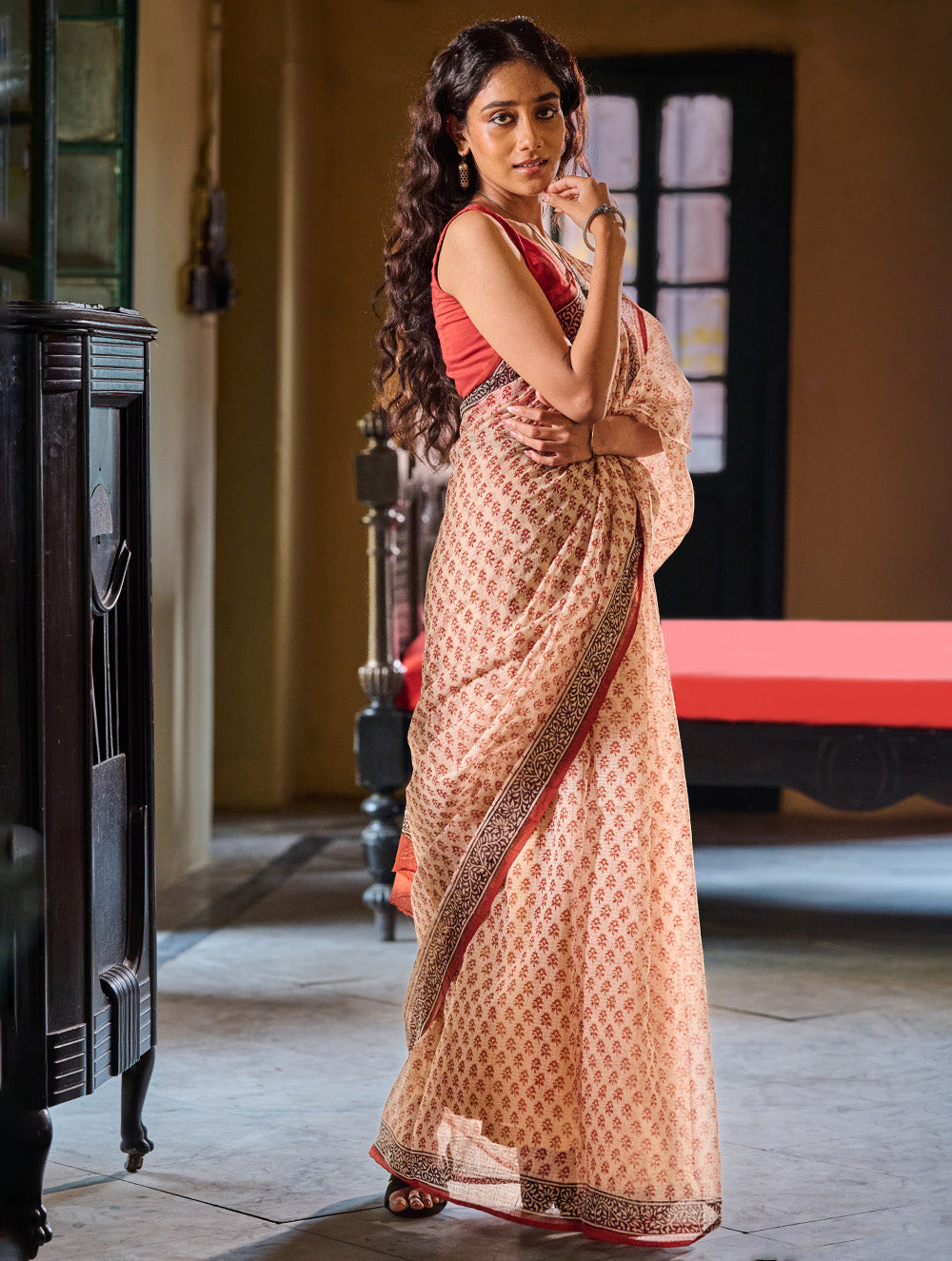 Bagru Statements: Hand Block Printed Kota Doria Saree - Lush Garden