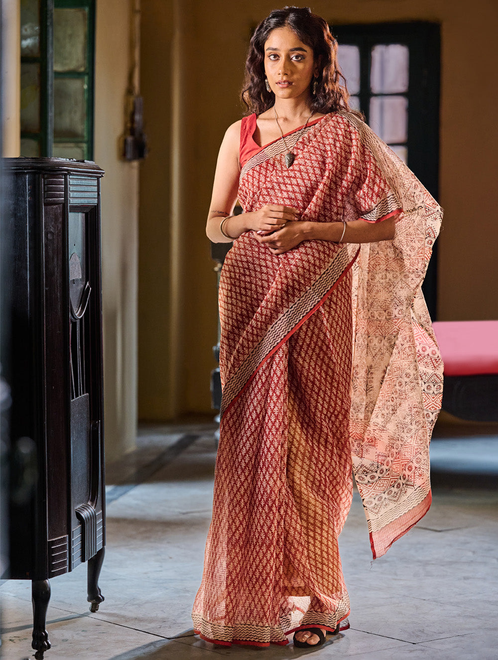 Bagru Statements: Hand Block Printed Kota Doria Saree -Ornate Drops