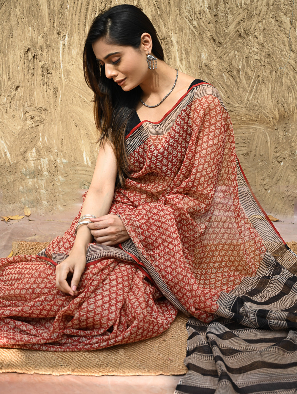 Bagru Statements : Hand Block Printed Kota Doria Saree - Rakta Valli