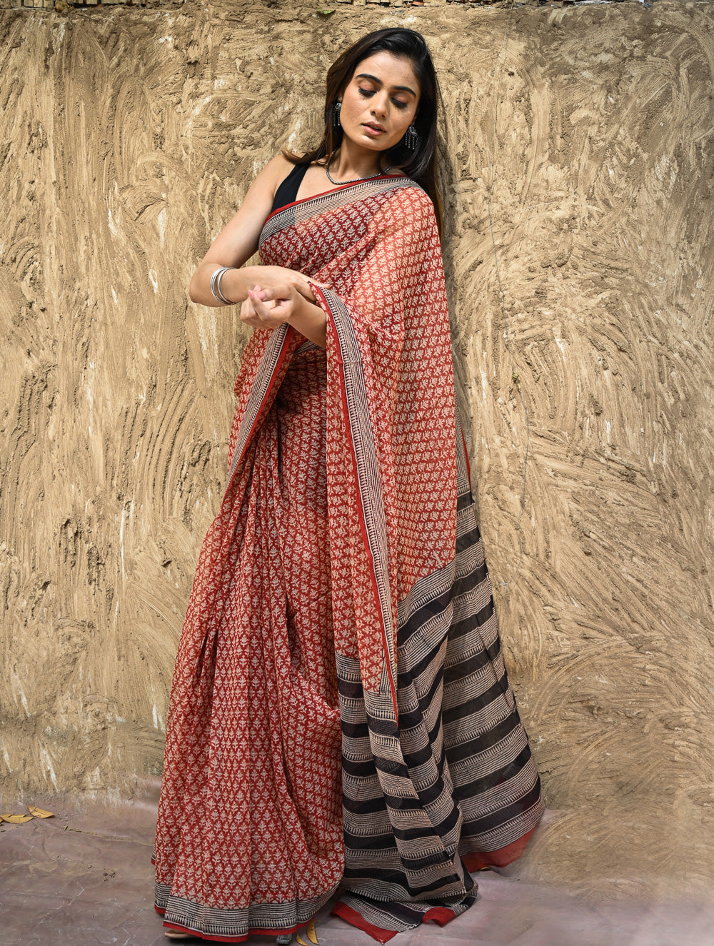 Bagru Statements : Hand Block Printed Kota Doria Saree - Rakta Valli
