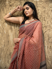 Bagru Statements : Hand Block Printed Kota Doria Saree - Rakta Valli