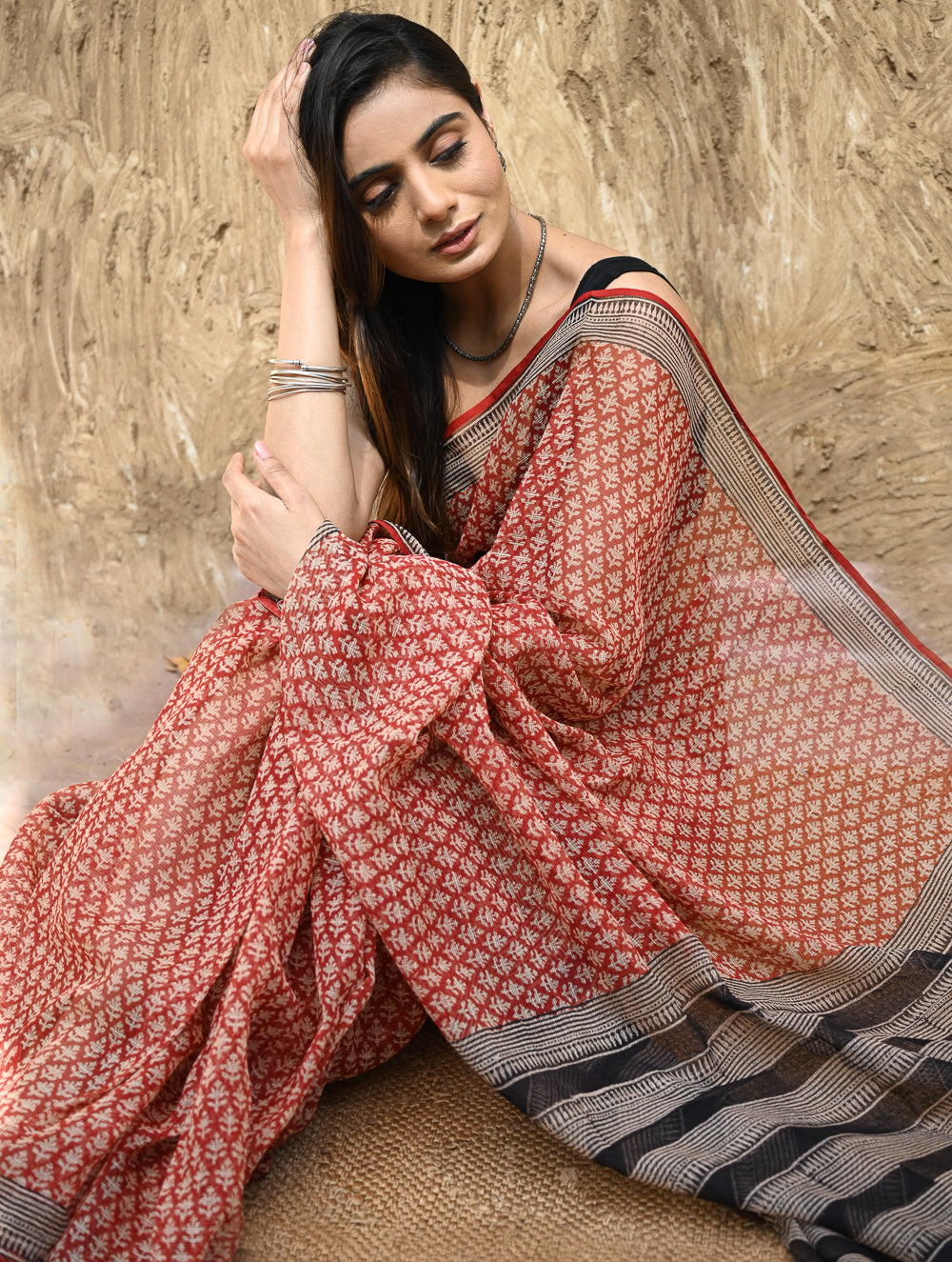 Bagru Statements : Hand Block Printed Kota Doria Saree - Rakta Valli