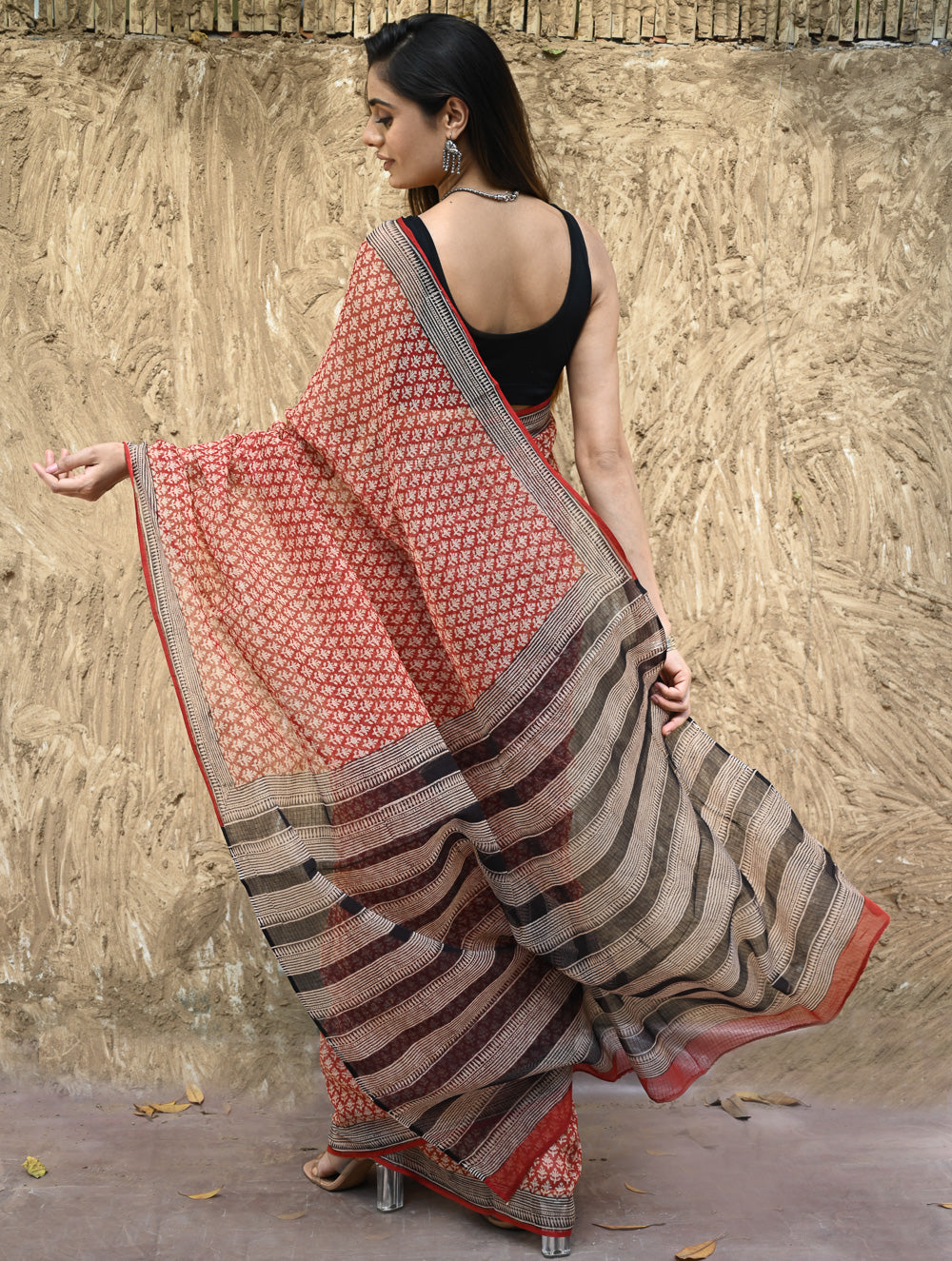 Bagru Statements : Hand Block Printed Kota Doria Saree - Rakta Valli