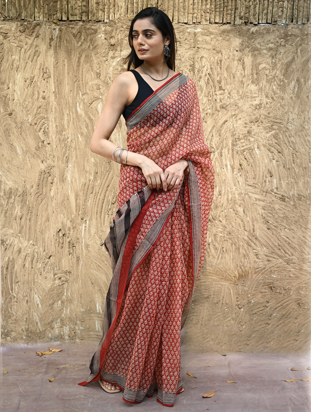 Bagru Statements : Hand Block Printed Kota Doria Saree - Rakta Valli