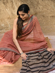 Bagru Statements : Hand Block Printed Kota Doria Saree - Rakta Valli