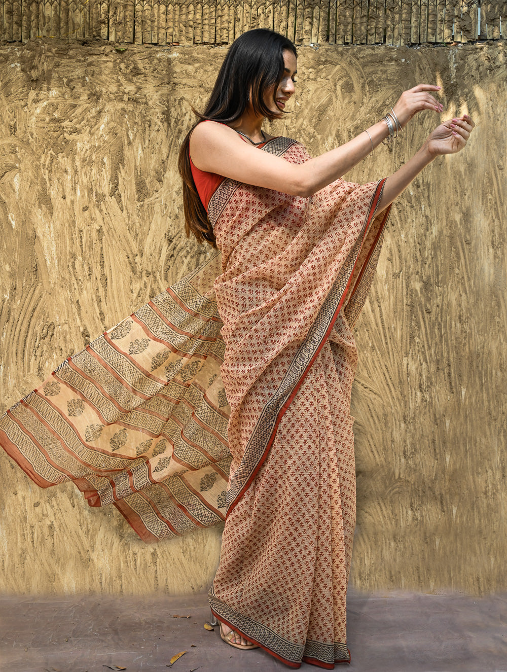 Bagru Statements : Hand Block Printed Kota Doria Saree - Vanshika