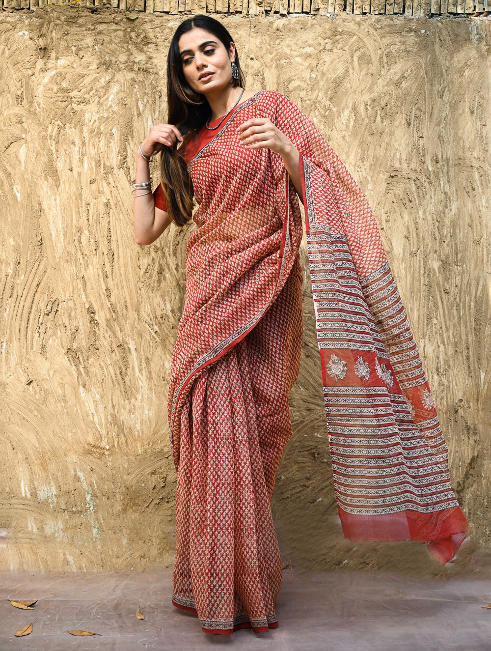 Bagru Statements : Hand Block Printed Kota Doria Saree - Kusuma Dhara