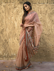 Bagru Statements : Hand Block Printed Kota Doria Saree - Aruni Rekha