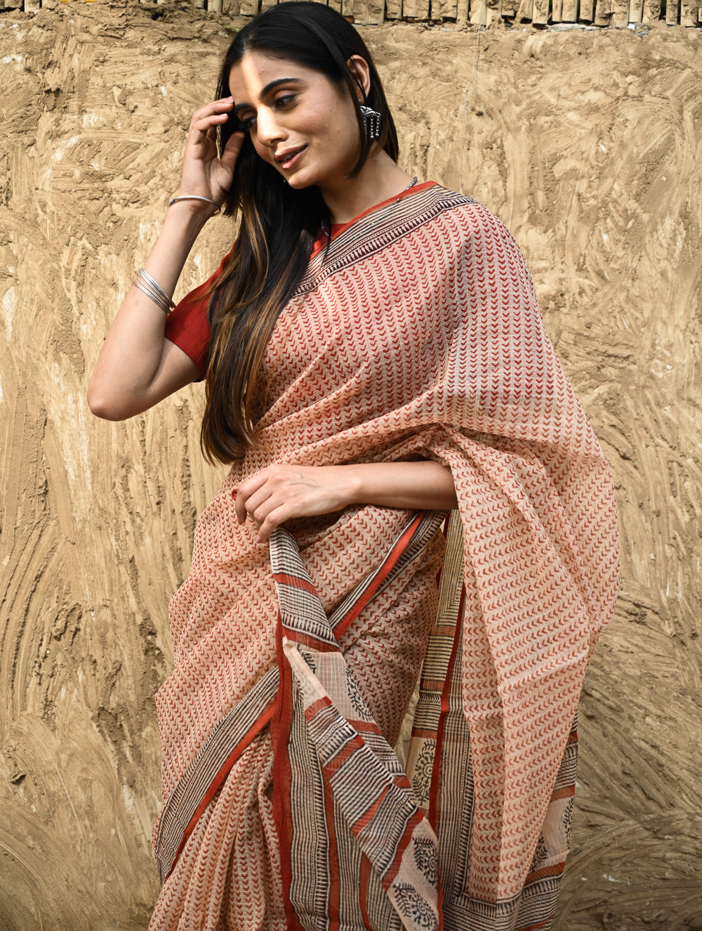Bagru Statements : Hand Block Printed Kota Doria Saree - Aruni Rekha