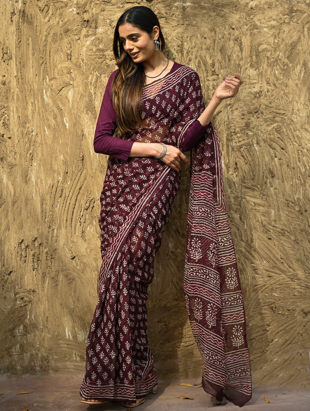 Dabu Vibes : Hand Block Printed Kota Doria Saree - Rakta Pushpa