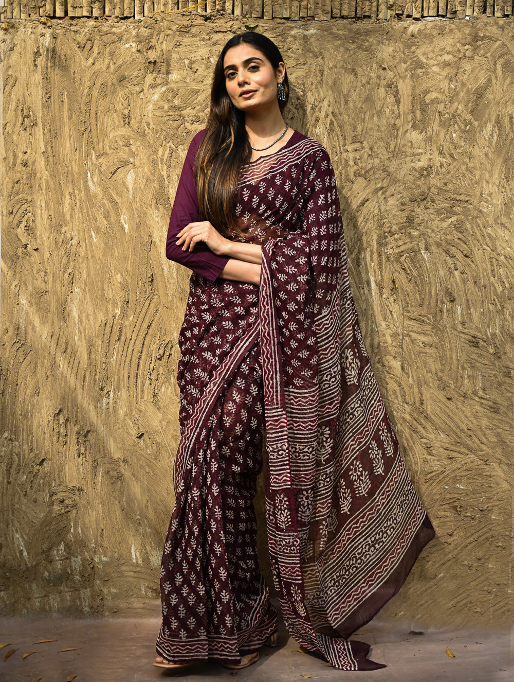 Dabu Vibes : Hand Block Printed Kota Doria Saree - Rakta Pushpa