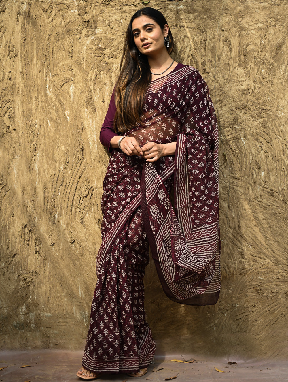 Dabu Vibes : Hand Block Printed Kota Doria Saree - Rakta Pushpa