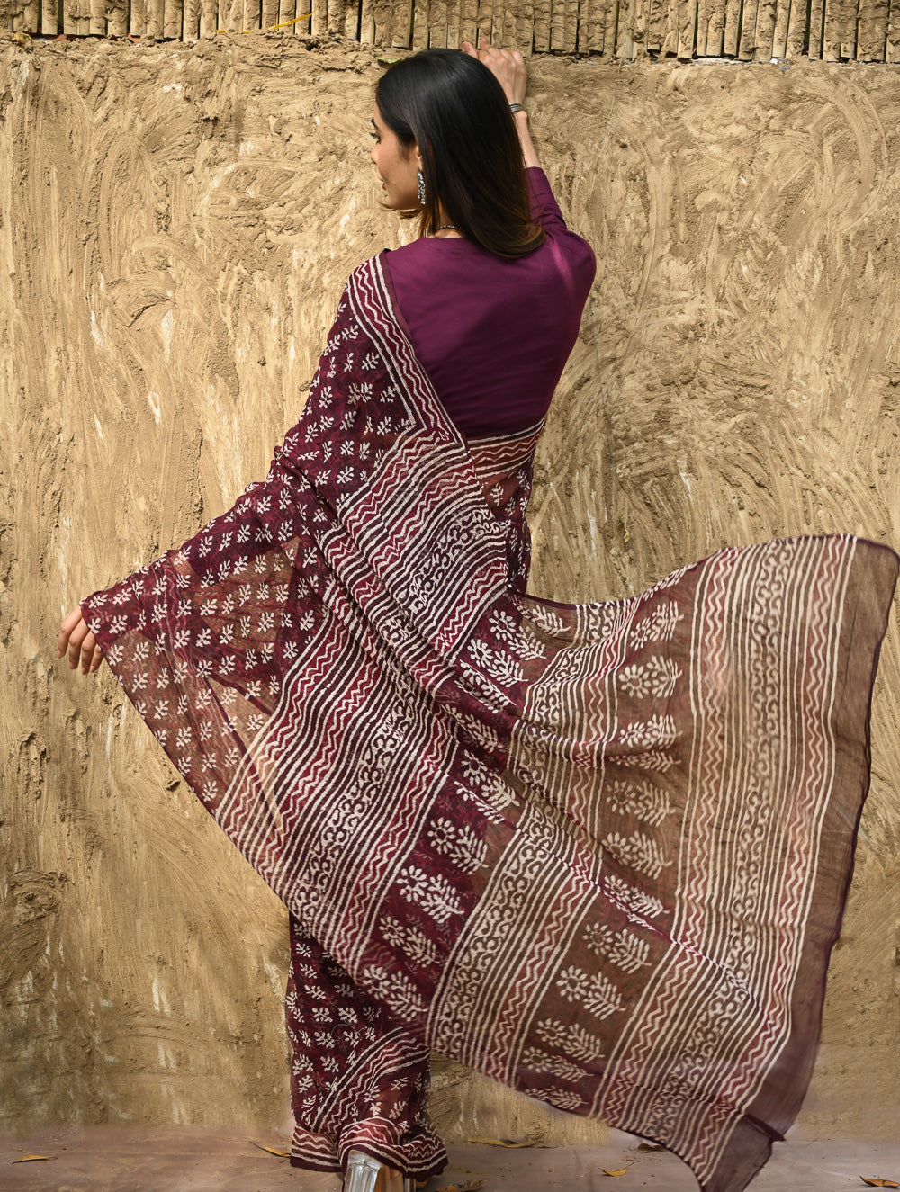 Dabu Vibes : Hand Block Printed Kota Doria Saree - Rakta Pushpa