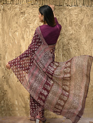 Dabu Vibes : Hand Block Printed Kota Doria Saree - Rakta Pushpa