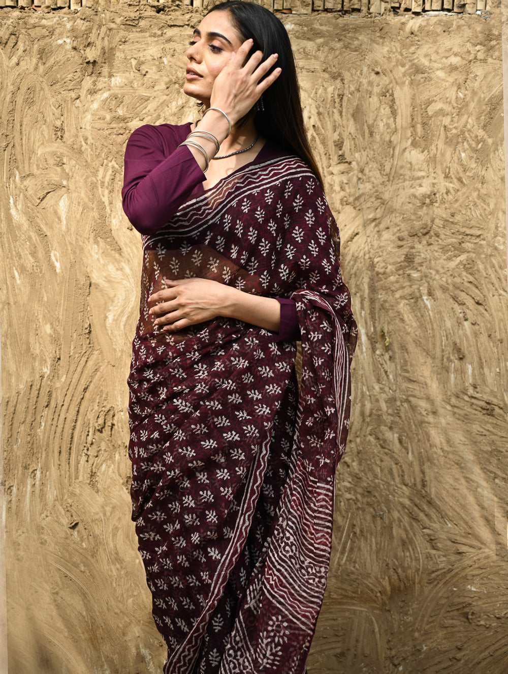 Dabu Vibes : Hand Block Printed Kota Doria Saree - Rakta Pushpa