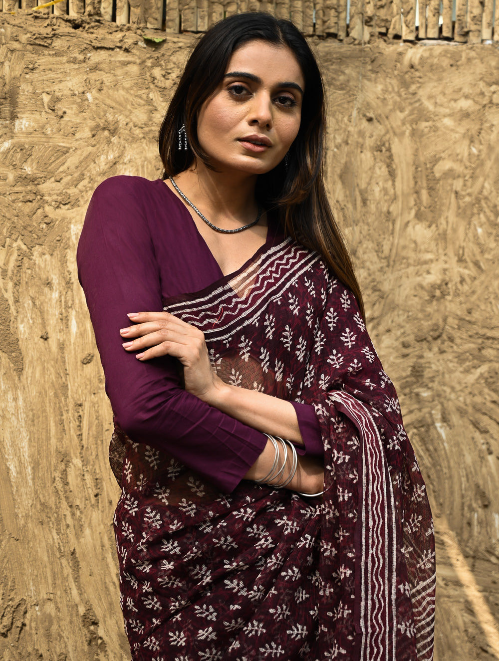 Dabu Vibes : Hand Block Printed Kota Doria Saree - Rakta Pushpa