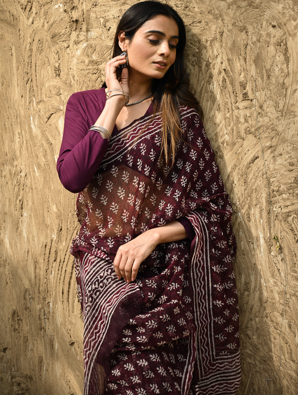 Dabu Vibes : Hand Block Printed Kota Doria Saree - Rakta Pushpa