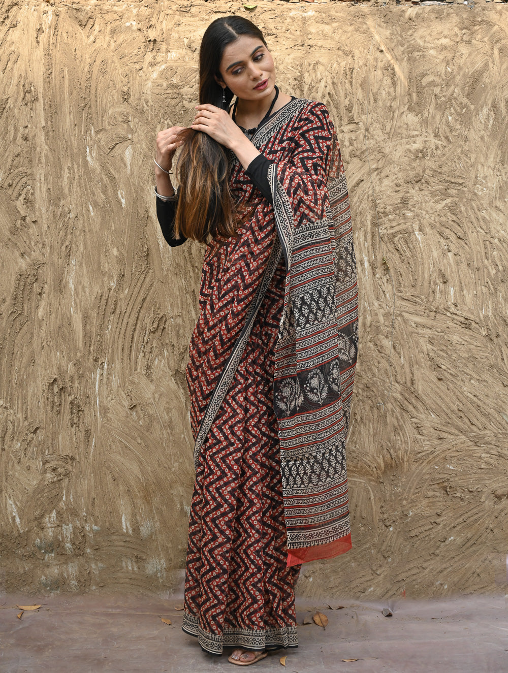 Bagru Statements : Hand Block Printed Kota Doria Saree - Agni Lahra