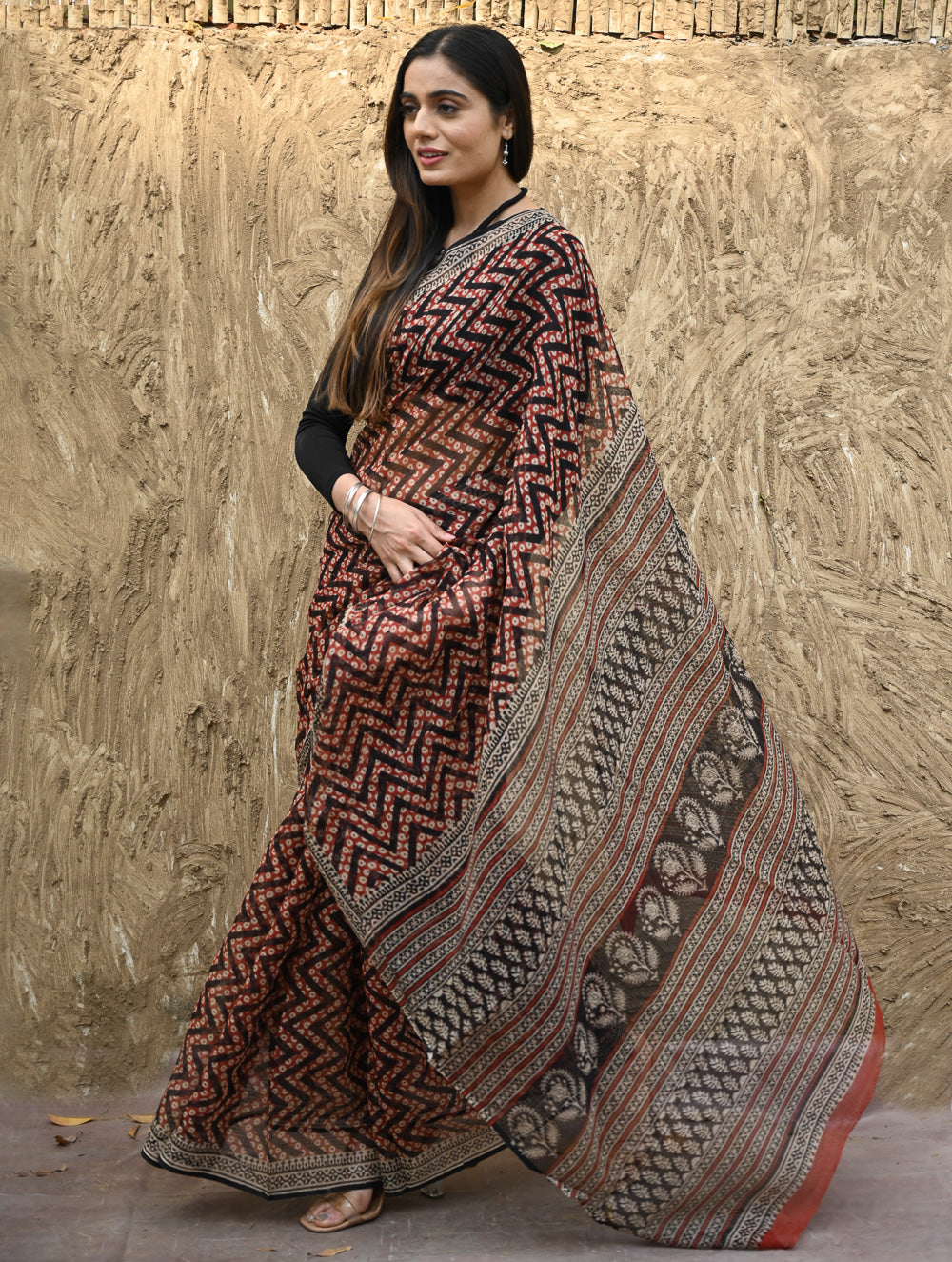 Bagru Statements : Hand Block Printed Kota Doria Saree - Agni Lahra