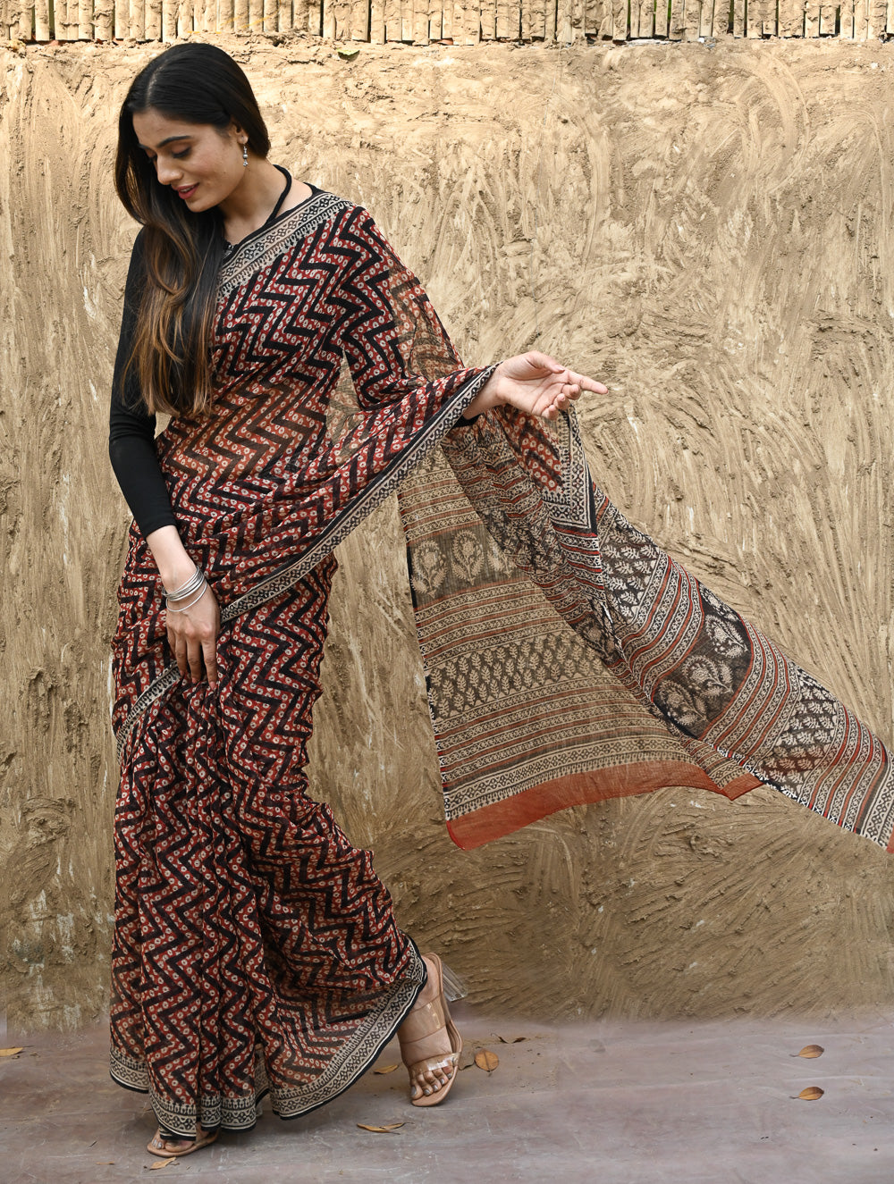 Bagru Statements : Hand Block Printed Kota Doria Saree - Agni Lahra