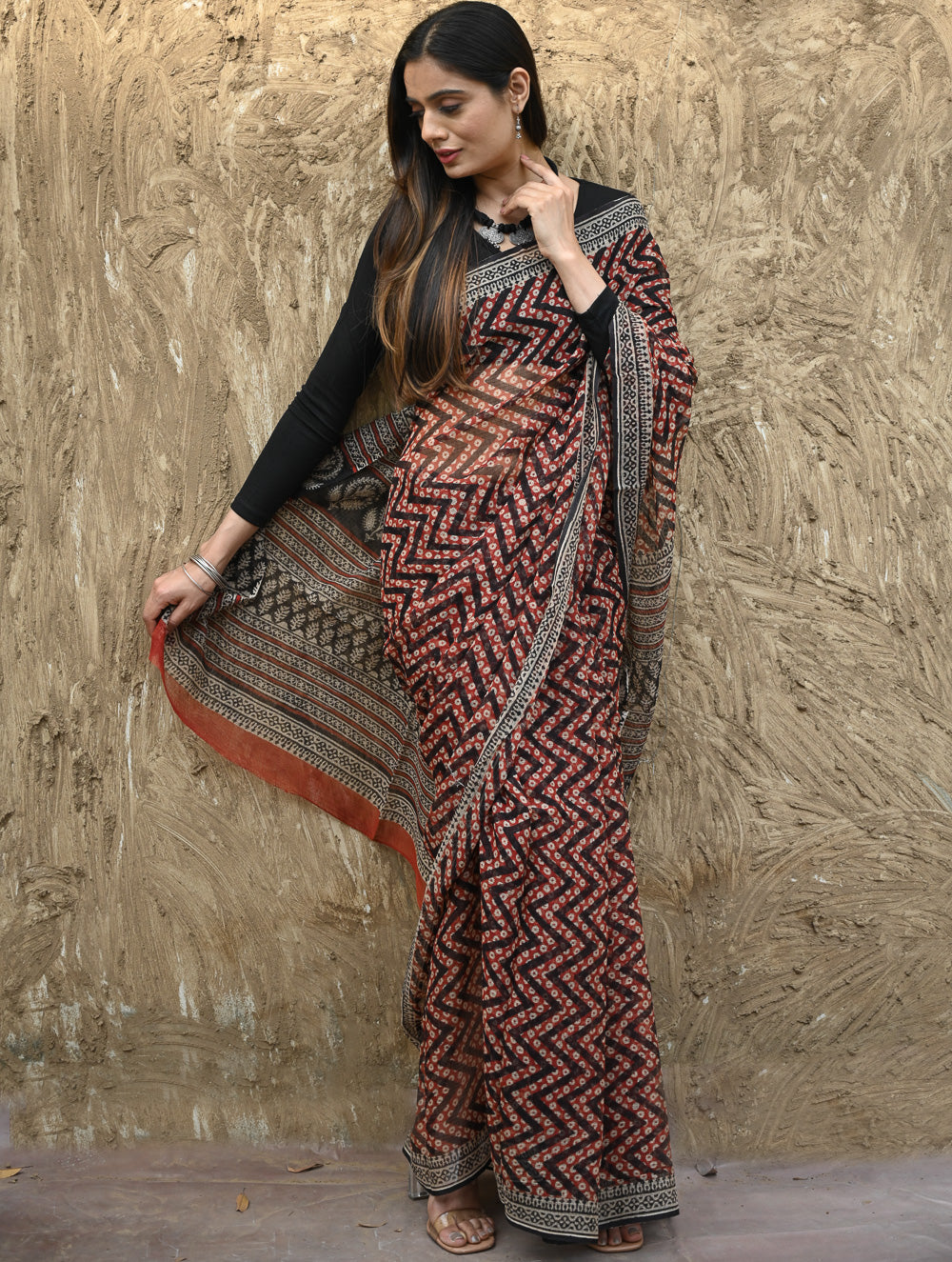 Bagru Statements : Hand Block Printed Kota Doria Saree - Agni Lahra