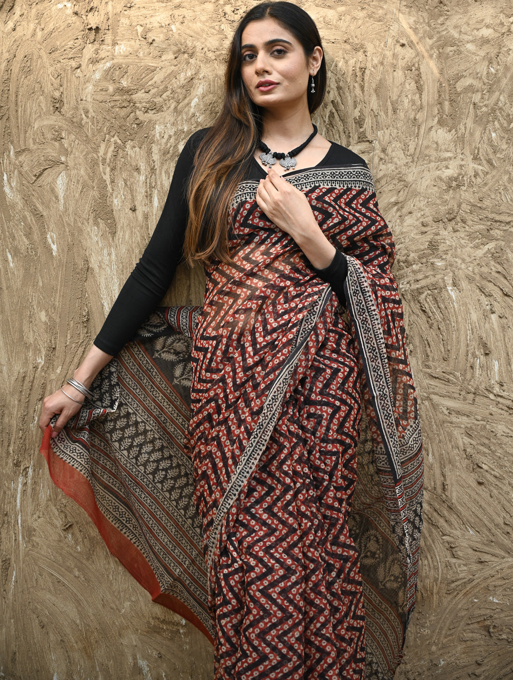 Bagru Statements : Hand Block Printed Kota Doria Saree - Agni Lahra