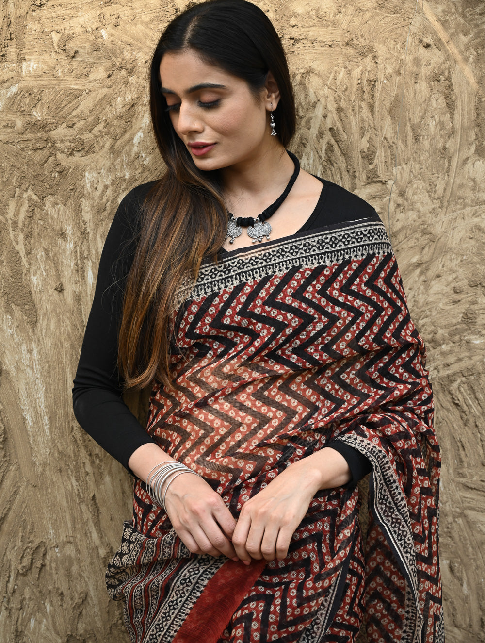 Bagru Statements : Hand Block Printed Kota Doria Saree - Agni Lahra