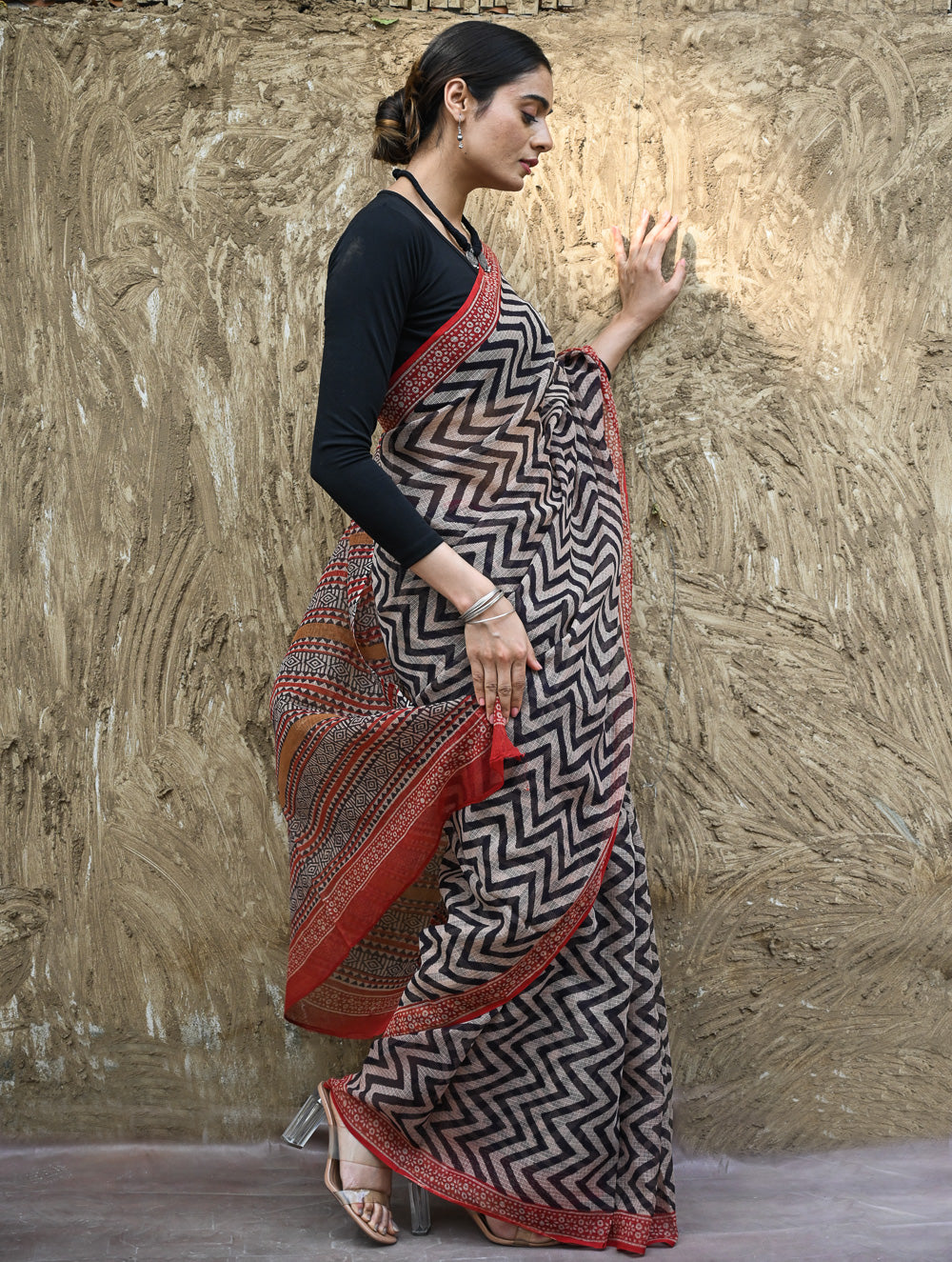 Bagru Statements : Hand Block Printed Kota Doria Saree - Rekh Vritta
