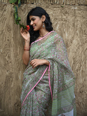 Sanganer Summers : Hand Block Printed Kota Doria Saree - Harit Vana