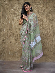 Sanganer Summers : Hand Block Printed Kota Doria Saree - Harit Vana