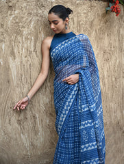 Dabu Vibes : Hand Block Printed Kota Doria Saree - Neelrekh