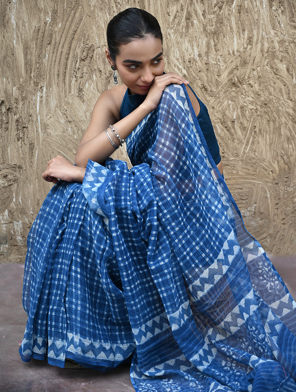 Dabu Vibes : Hand Block Printed Kota Doria Saree - Neelrekh