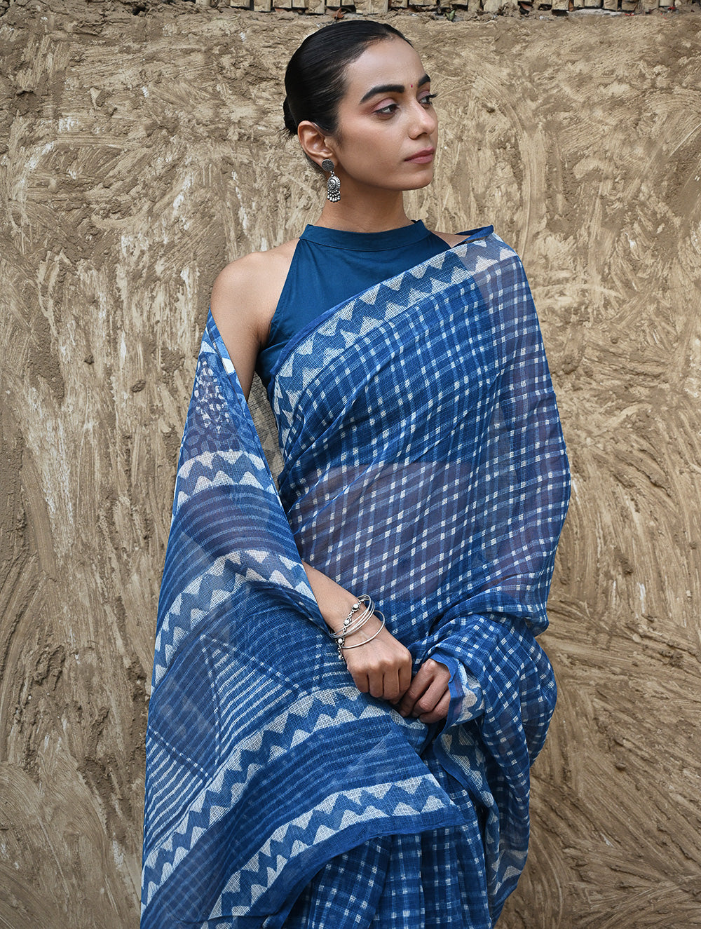 Dabu Vibes : Hand Block Printed Kota Doria Saree - Neelrekh