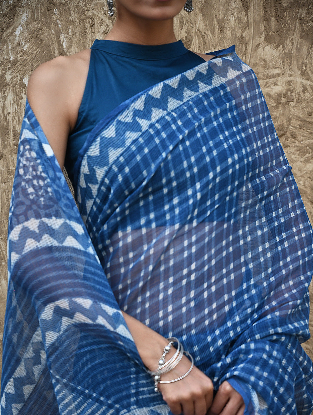 Dabu Vibes : Hand Block Printed Kota Doria Saree - Neelrekh