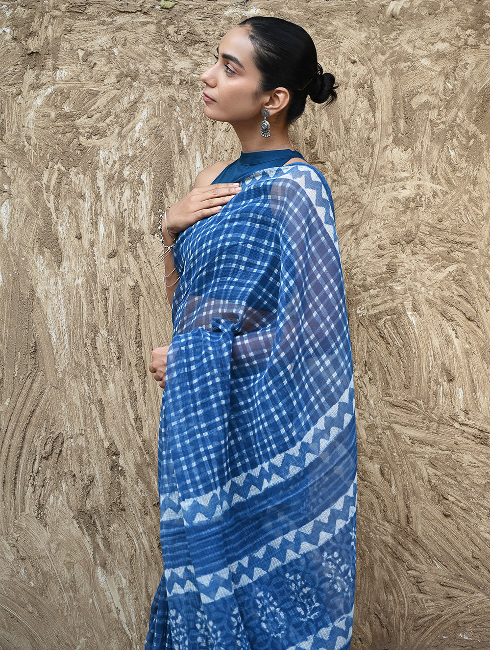 Dabu Vibes : Hand Block Printed Kota Doria Saree - Neelrekh