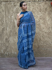 Dabu Vibes : Hand Block Printed Kota Doria Saree - Neelrekh