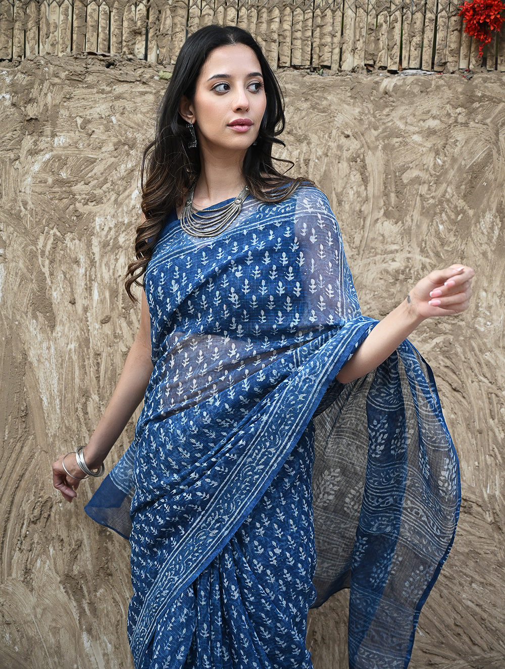 Dabu Vibes : Hand Block Printed Kota Doria Saree - Meghbel
