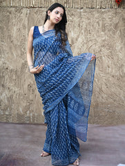 Dabu Vibes : Hand Block Printed Kota Doria Saree - Meghbel