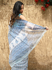 Sanganer Summers : Hand Block Printed Kota Doria Saree - Turquoise Jaal