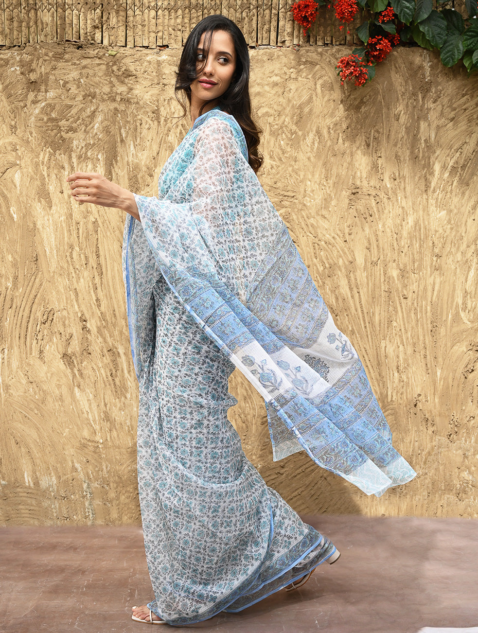 Sanganer Summers : Hand Block Printed Kota Doria Saree - Turquoise Jaal