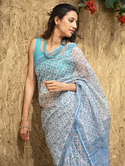 Sanganer Summers : Hand Block Printed Kota Doria Saree - Turquoise Jaal