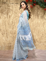 Sanganer Summers : Hand Block Printed Kota Doria Saree - Turquoise Jaal